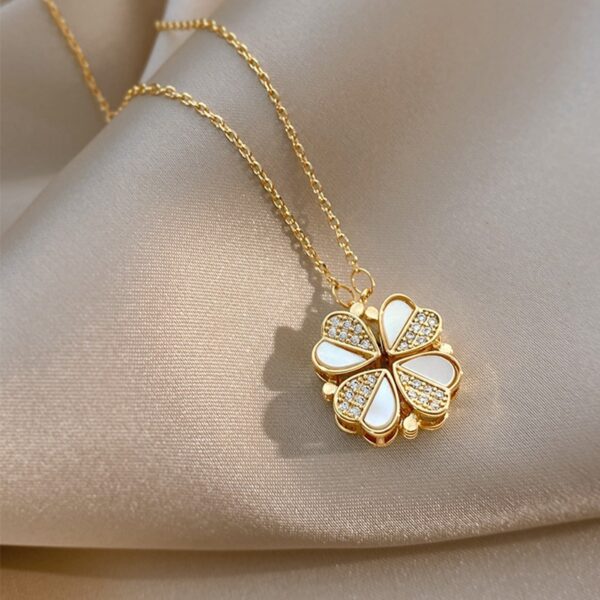 Luxury 4-Leaf Clover Necklace – Stainless Steel Crystal Heart Pendant - Image 6