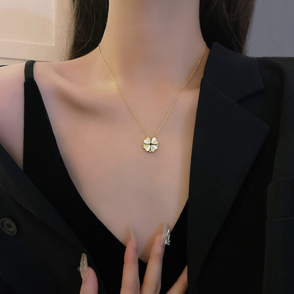 Luxury 4-Leaf Clover Necklace – Stainless Steel Crystal Heart Pendant - Image 2