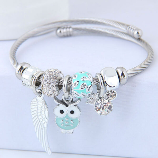 DIY Beaded Owl Angel Wings Pendant Stainless Steel Bracelet - Image 2