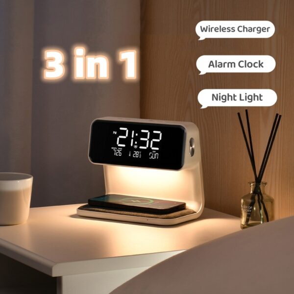 Creative 3-in-1 Bedside Lamp – Wireless Charging, LCD Alarm Clock & Phone Charger